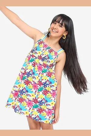 BONKIDS Girls Floral Printed Shoulder Strap Smocked Cotton A-Line Dress