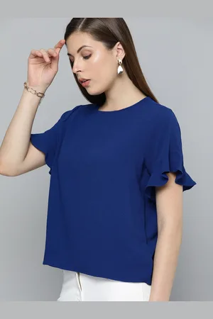 Chemistry Women Blue Solid Boxy Top with Ruffled Sleeves