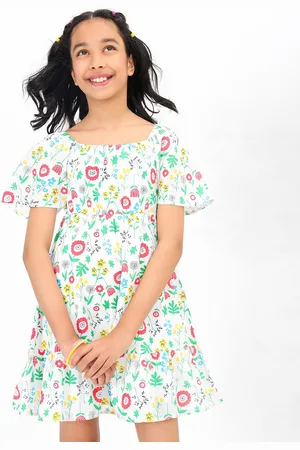 BONKIDS Girls Floral Printed Flared Sleeves Cotton A-Line Dress