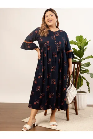 indo street Women Navy Blue Printed A-Line Midi Dress