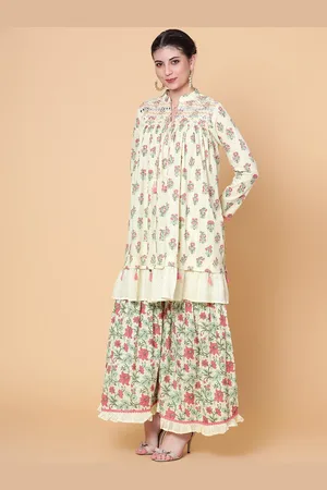 Bani Women Floral Printed Regular Thread Work Pure Cotton Kurta With Sharara & Dupatta