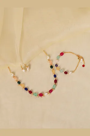 ABDESIGNS Gold-Plated Jaipuri Bead Necklace With Earrings & Bracelet