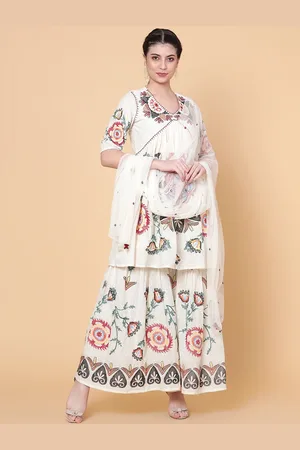 Bani Women Floral Embroidered Empire Thread Work Pure Cotton Kurta With Sharara & Dupatta