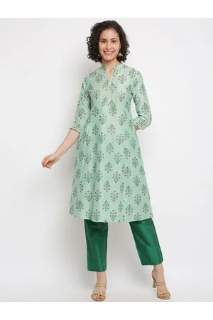 IMARA Floral Printed Mandarin Collar Sequined A-Line Kurta with Trousers