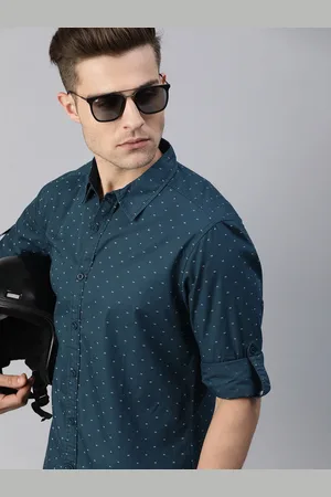 Roadster Men Teal Blue & White Regular Fit Geometric Printed Sustainable Casual Shirt