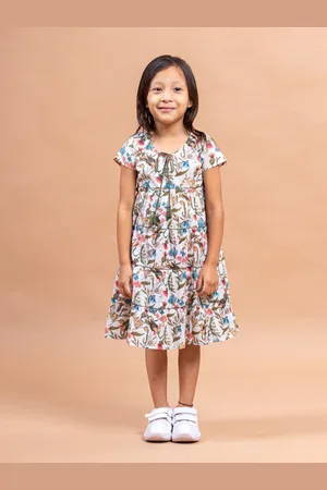 Sangria Girls White Floral Printed Pure Cotton A-line Midi Dress