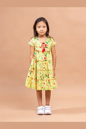 Sangria Girls Yellow Floral Printed Keyhole Neck Tiered Pure Cotton A-line Dress