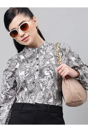 HANCOCK Ethnic Motif Printed Mandarin Collar Long Sleeves Cotton Formal Top