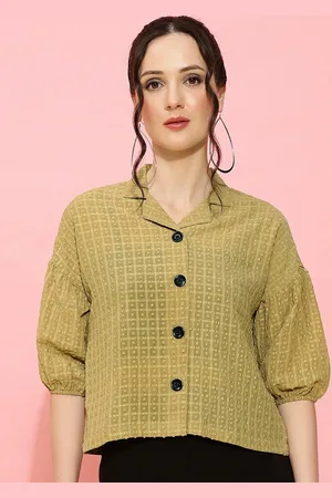 CLEMIRA Checked Puff Sleeves Shirt Style Top