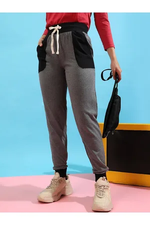 Campus Women Grey & Black Colourblocked Mid Rise Joggers