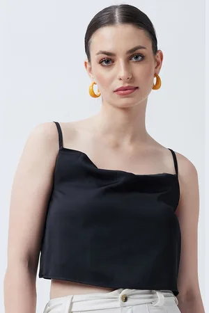 Color Capital Shoulder Straps Cowl Neck Satin Crop Top