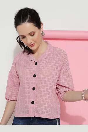 CLEMIRA Checked Puff Sleeves Shirt Style Top