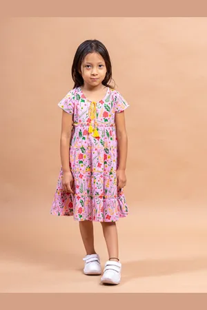 Sangria Girls Pink Floral Printed Tiered Pure Cotton A-line Midi Dress