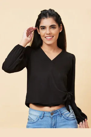 Globus Black V-Neck Puff Sleeves Wrap Crop Top