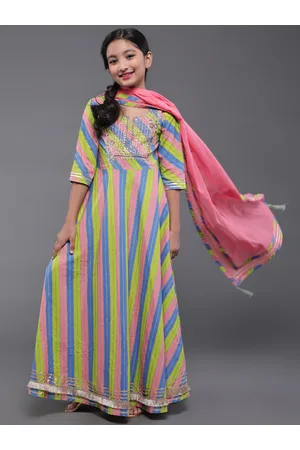 AKS Girls Striped Printed Sequinned Detailed Cotton Maxi Ethnic Dress with Dupatta