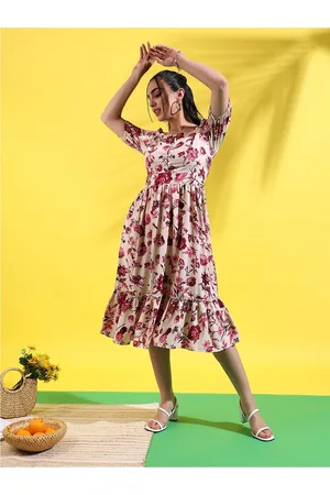 Campus Beige Floral Printed Square Neck Puff Sleeves Tiered Fit & Flare Dress