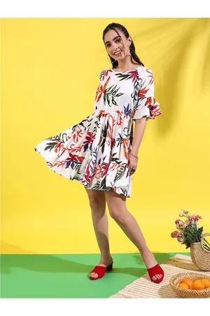 Campus White Tropical Printed Bell Sleeves Gathered Tiered Fit & Flare Dress