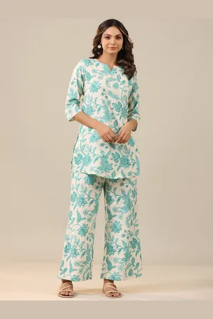 JISORA Floral Printed Pure Cotton Straight Kurti with Palazzos