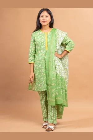 Sangria Girls Green & White Floral Printed Pure Cotton Kurta With Trousers & Dupatta