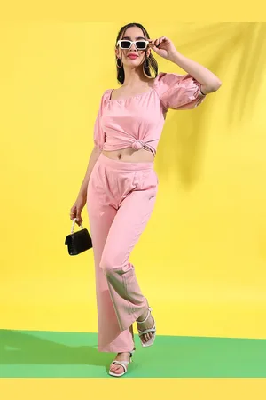 Campus Square Neck Puff Sleeves Knotted Waist Crop Top & Trouser