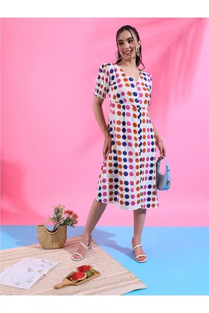Campus White Polka Dots Printed V-Neck Puff Sleeves Smocked A-Line Midi Dress