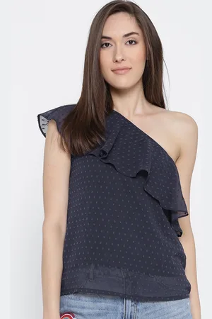 Sera Navy Blue Self Design One Shoulder Ruffled Top