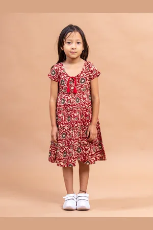 Sangria Red Floral Print Round Neck Tie-Ups Cotton Dress