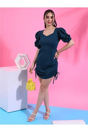 Campus Navy Blue Puff Sleeves Tie-Ups Ruched Sheath Mini Dress