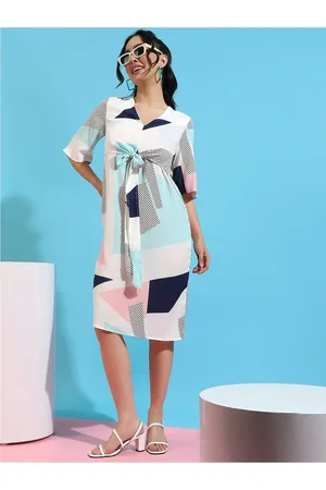 Campus White Geometric Printed Flared Sleeves Tie-Ups A-Line Dress