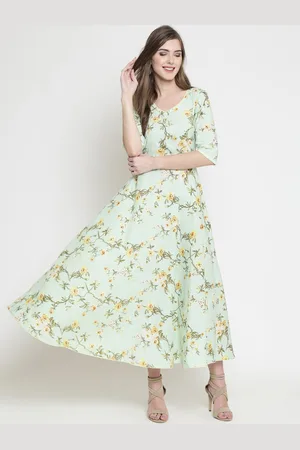 Sera Women Green & Yellow Floral Printed V-Neck Anarkali Kurta