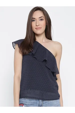 Sera Navy Blue Self Design One Shoulder Ruffled Top
