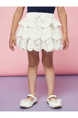 SPUNKIES Girls White Schiffli Printed Knee Length Flared Skirts