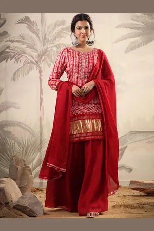 SCAKHI Abstract Printed Beads and Stones Pure Silk Kurti with Palazzos & With Dupatta