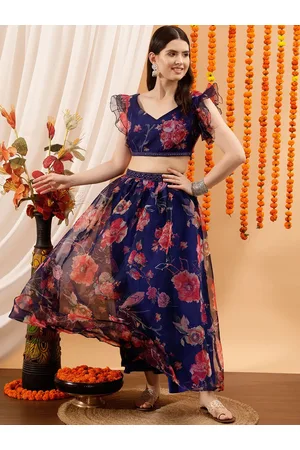 indo street Floral Printed Ruffle Sleeve Top & Skirt