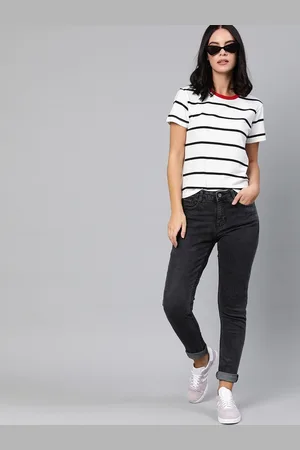 HARVARD Women White & Black Striped Round Neck T-shirt