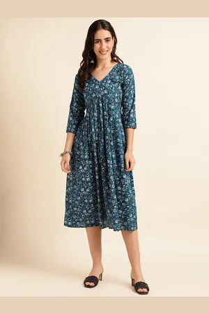 Fabclub Ethnic Motifs Printed V-Neck Casual Fit & Flare Midi Dress
