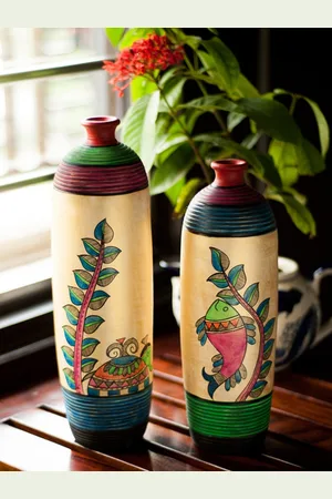 ExclusiveLane Set Of 2 Gold-Toned & Red Hand-Painted Madhubani Terracotta Flower Vases