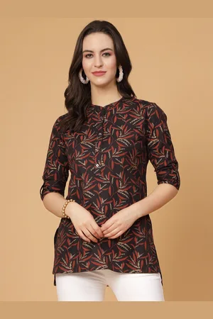Pistaa Ethnic Motifs Printed Mandarin Collar Roll-Up Sleeves Pure Cotton High-Low Kurti