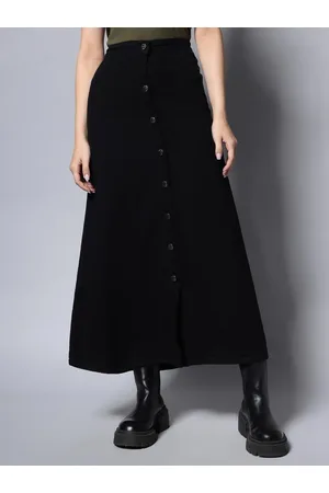 High Star Women Black Solid A-Line Midi Denim Skirt