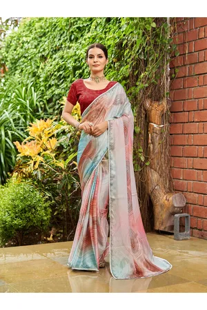 Mitera Geometric Printed Beads and Stones Pure Georgette Saree