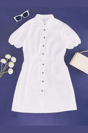 Pantaloons Girls Shirt Collar Puff Sleeves Cotton Shirt Dress