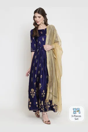 Sera Women Blue & Gold Toned Ethnic Printed Boat Neck Taffeta Silk Anarkali Kurta
