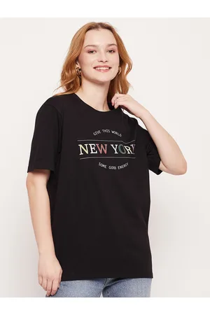 Mast & Harbour Women Black Typography Printed Pure Cotton Oversized T-shirt