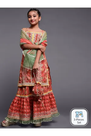 AKS Girls Floral Printed Shoulder Straps Pure Cotton Kurta & Sharara With Dupatta