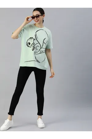 HERE&NOW HERENOW Women Green Printed Oversized Pure Cotton T-shirt