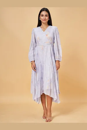 Pantaloons Abstract Printed V-Neck Accordion Pleated Fit & Flare Midi Dress