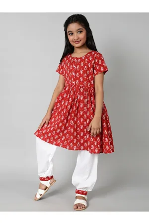 AKS Girls Red Ethnic Motifs Printed Regular Pure Cotton Kurta With Patiala