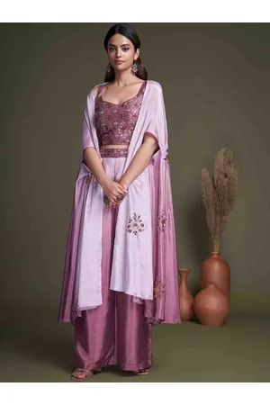 Mitera Purple & Pink Embroidered Pure Silk Top With Palazzo & With Shrug