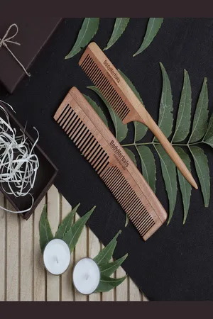 BodyHerbals Set Of 2 Anti Static Handmade Neem Wood Double Tooth Comb & Tail Comb