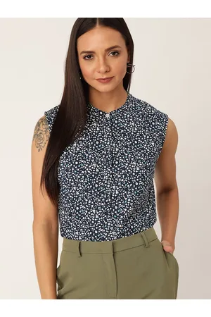Invictus Women Navy Blue & White Floral Print Shirt Style Pure Cotton Top